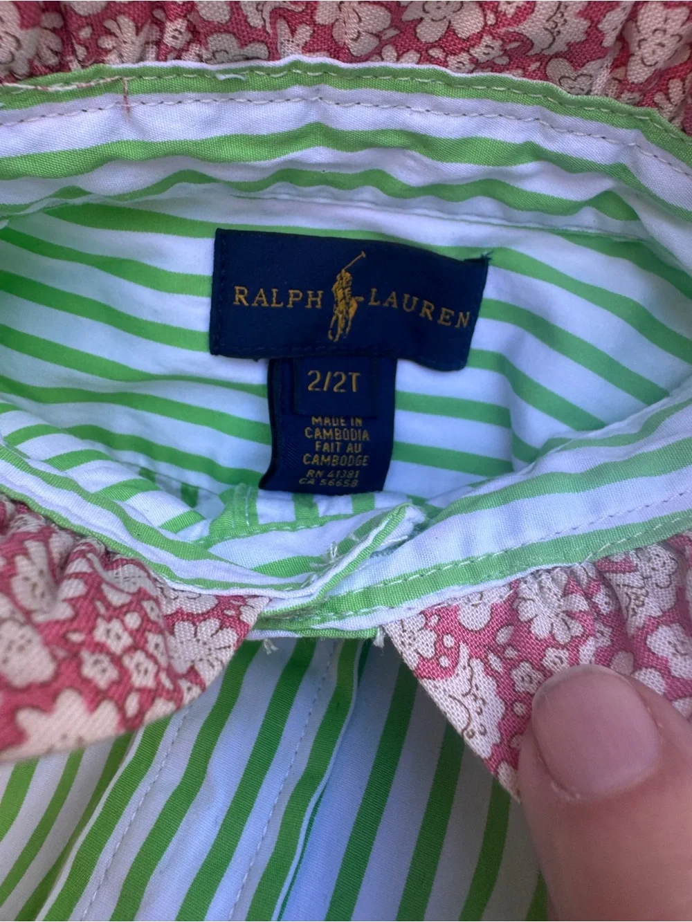 Restyled Ralph Lauren Green Stripe Ruffled Button-Down Kids Shirt w/Pink Logo